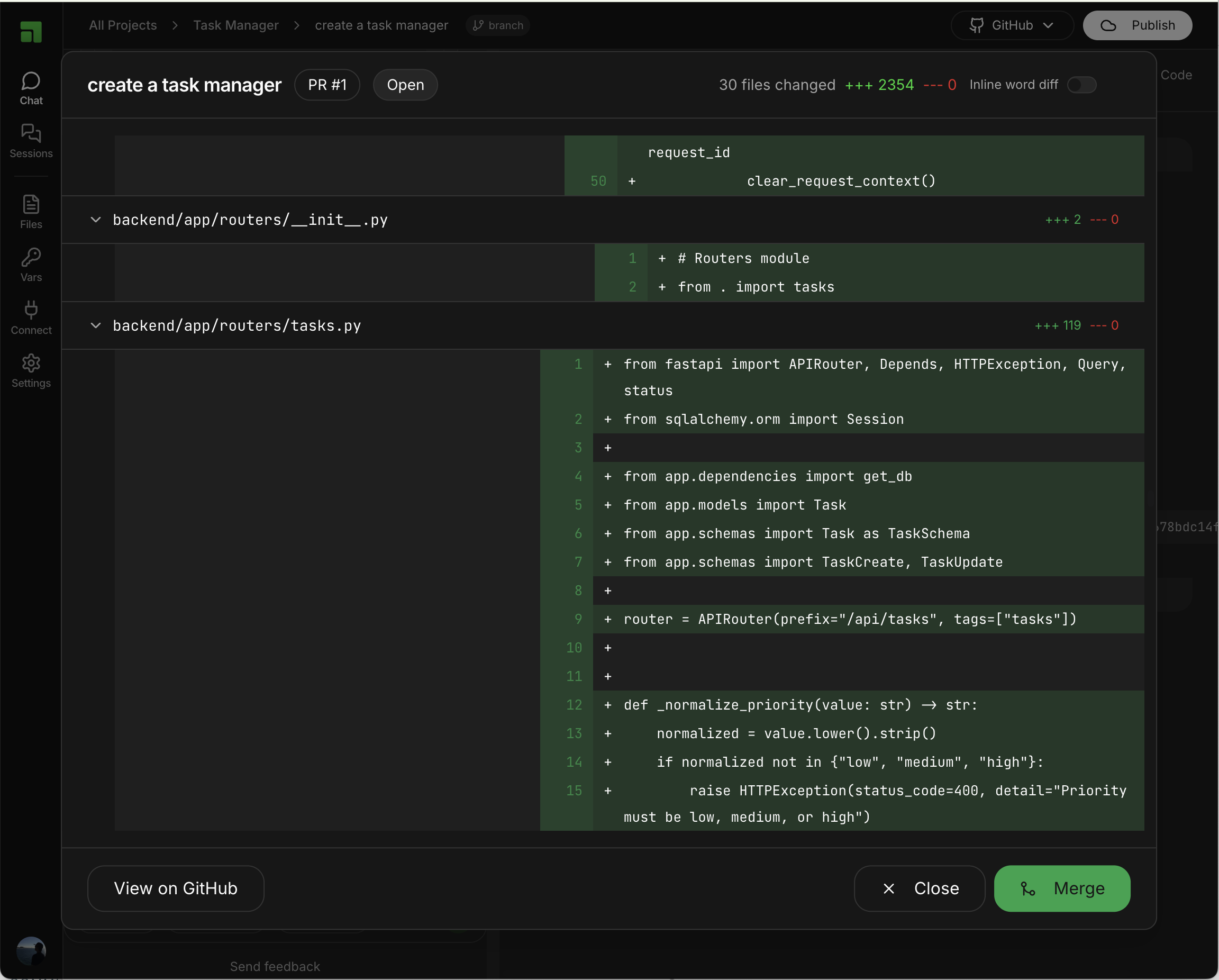 Pull request diff view in Appifex showing code review with 30 files changed across backend routers and models