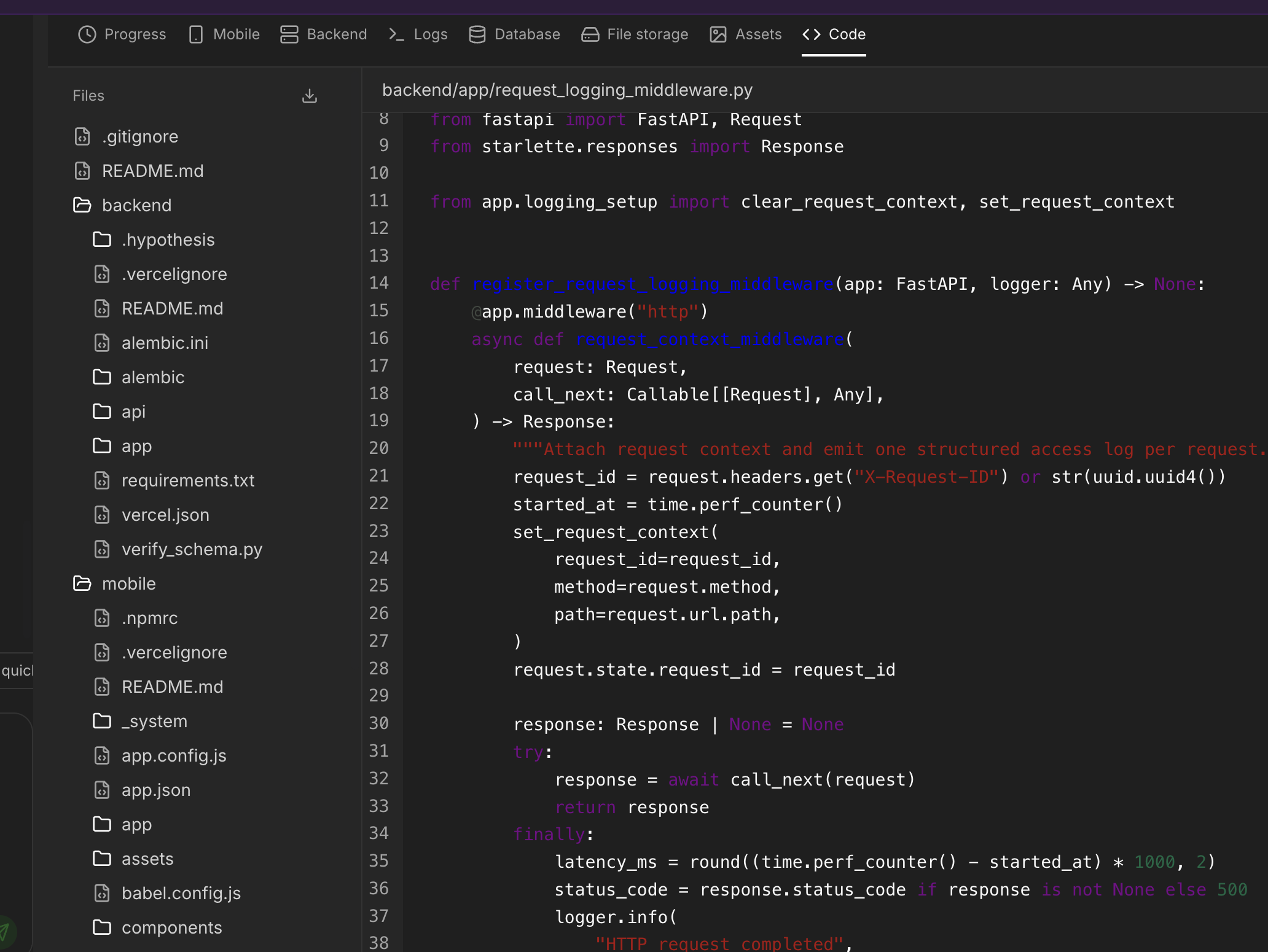 Generated backend code in Appifex showing proper project structure with middleware, logging, and layered architecture