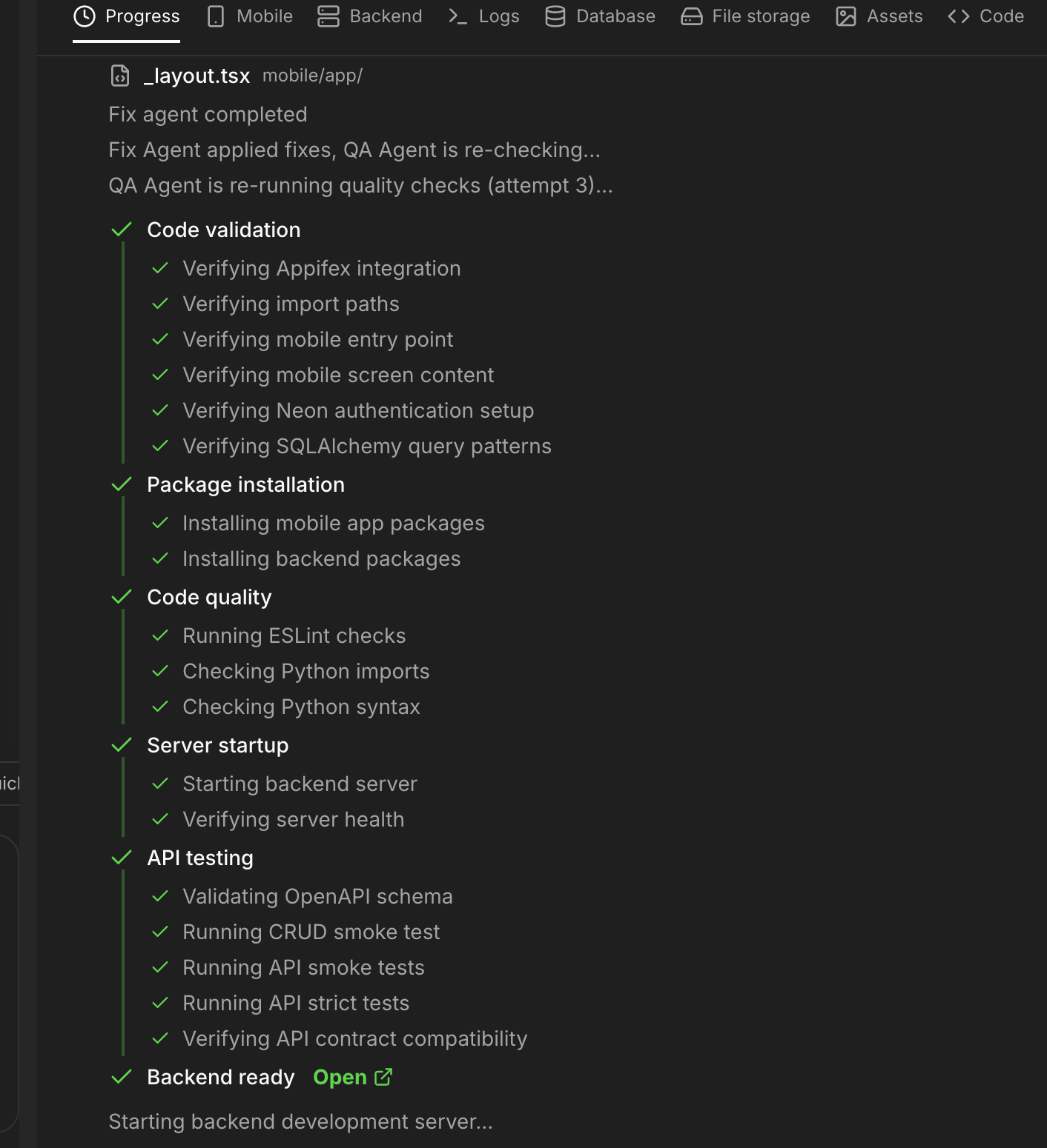 Appifex QA pipeline showing all checks passing: code validation, package installation, code quality, server startup, and API testing