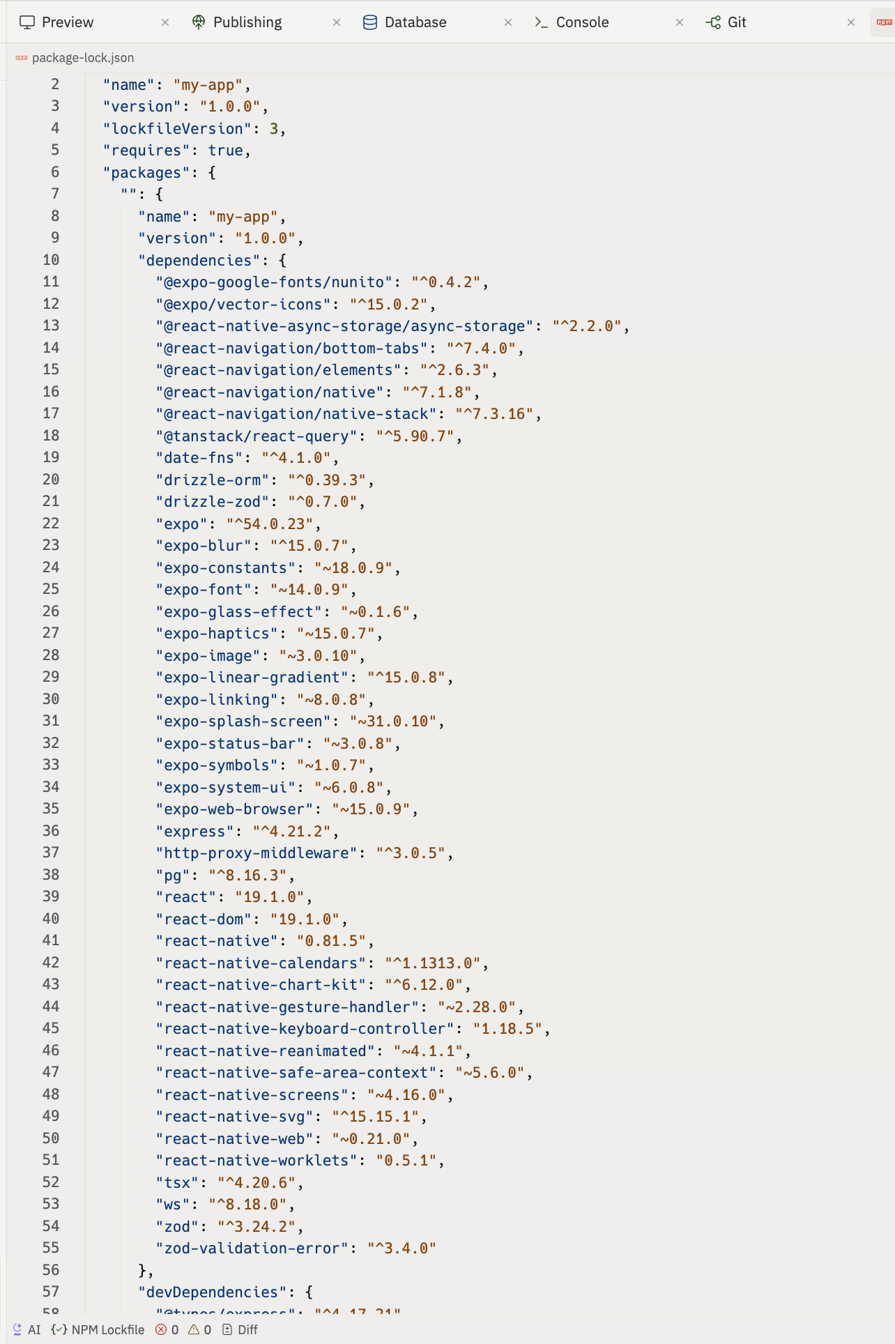 Replit package-lock.json showing no security dependencies
