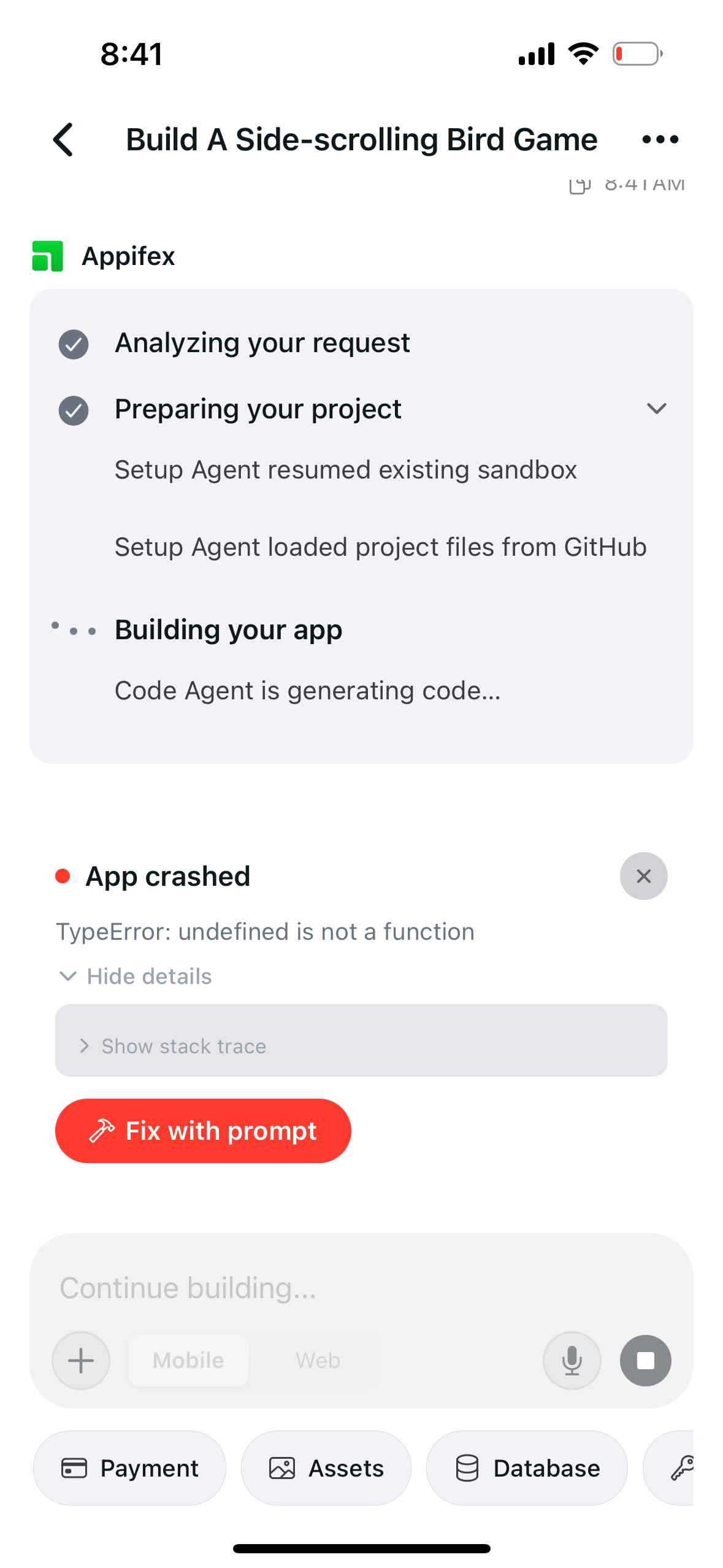 Appifex mobile app detecting a runtime TypeError and offering a one-tap Fix with prompt button